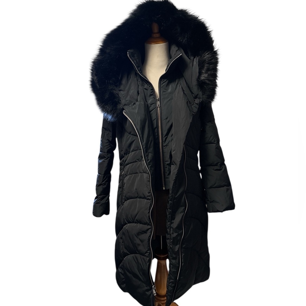 Women's Black Cole Haan down filled Fur-Trimmed Puffer Coat, new